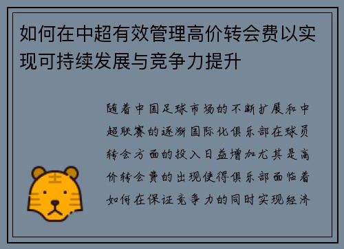 如何在中超有效管理高价转会费以实现可持续发展与竞争力提升